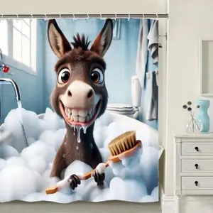 Playful Donkey-Print Shower Curtain with Hooks – Machine-washable polyester; combines a fun room-dividing function with artistic animal design; elegant home décor; durable fabric suitable for various interior styles; includes 12/24 hooks.