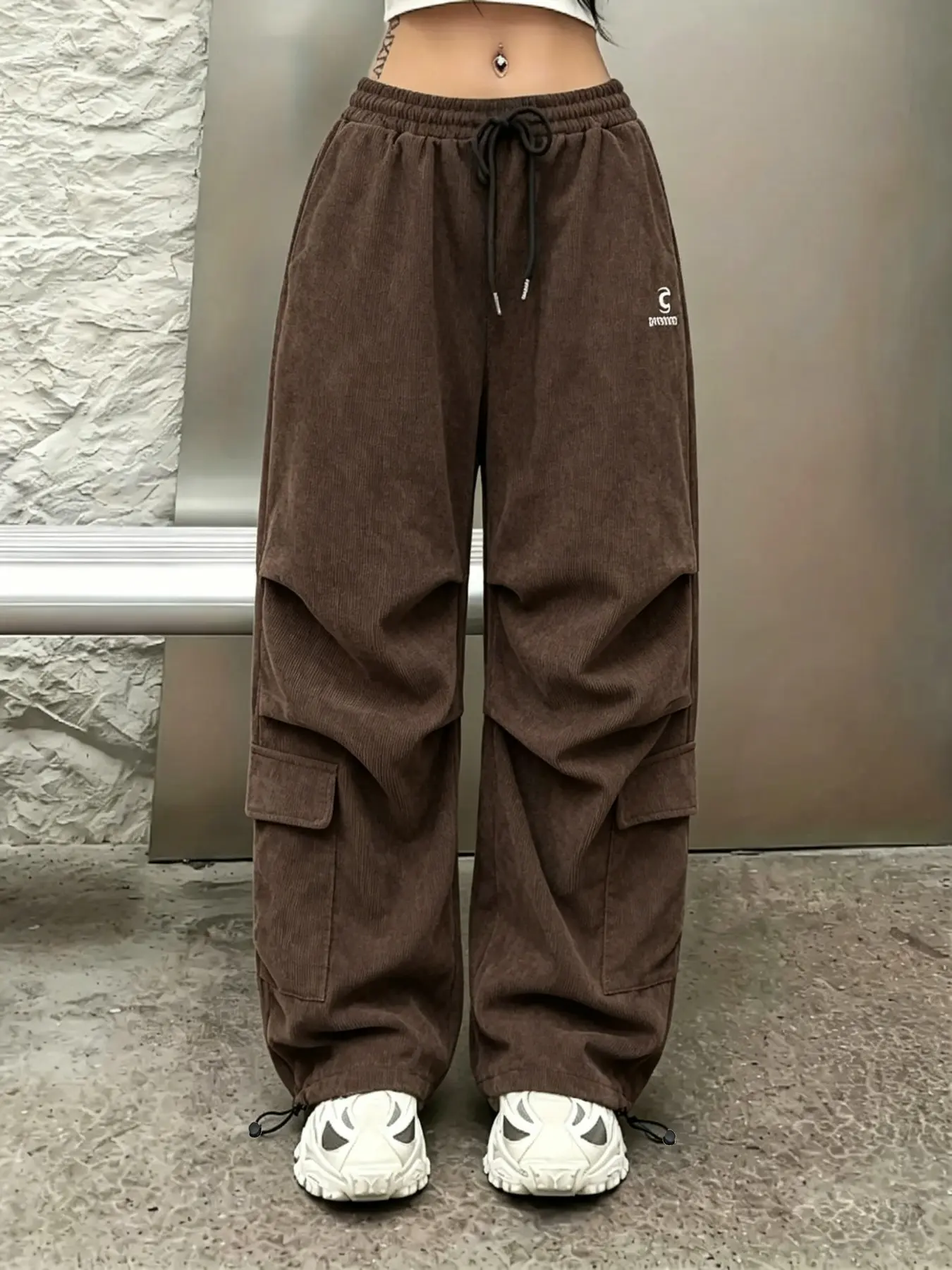 Women's Retro Y2K Parachute Work Pants, Loose Fit Baggy Wide Leg Street Style, Adjustable Cuffs, Casual Long Pants for All Seasons