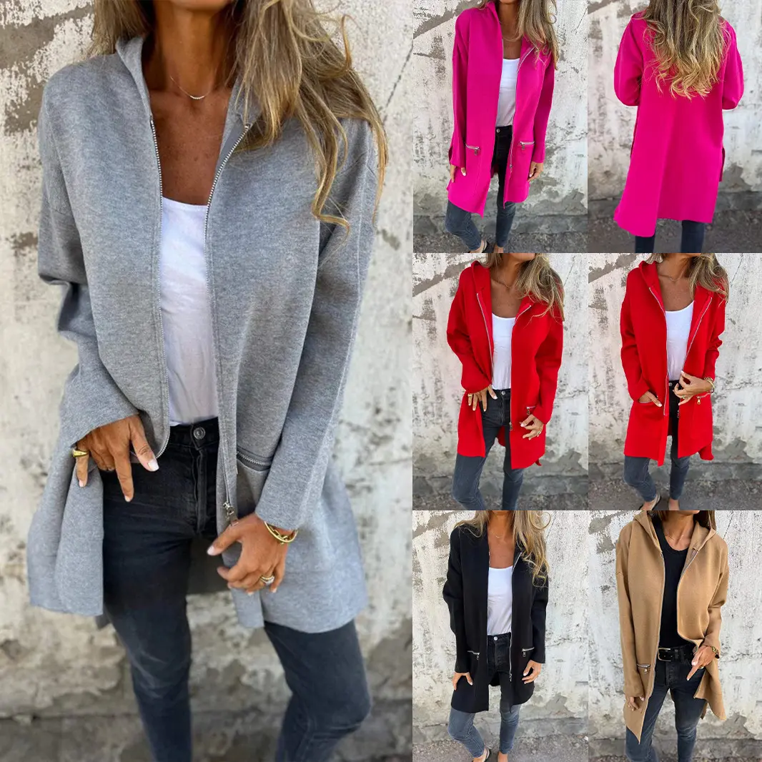 New women's long-sleeved hooded loose-fitting fashion casual mid-length cardigan jacket