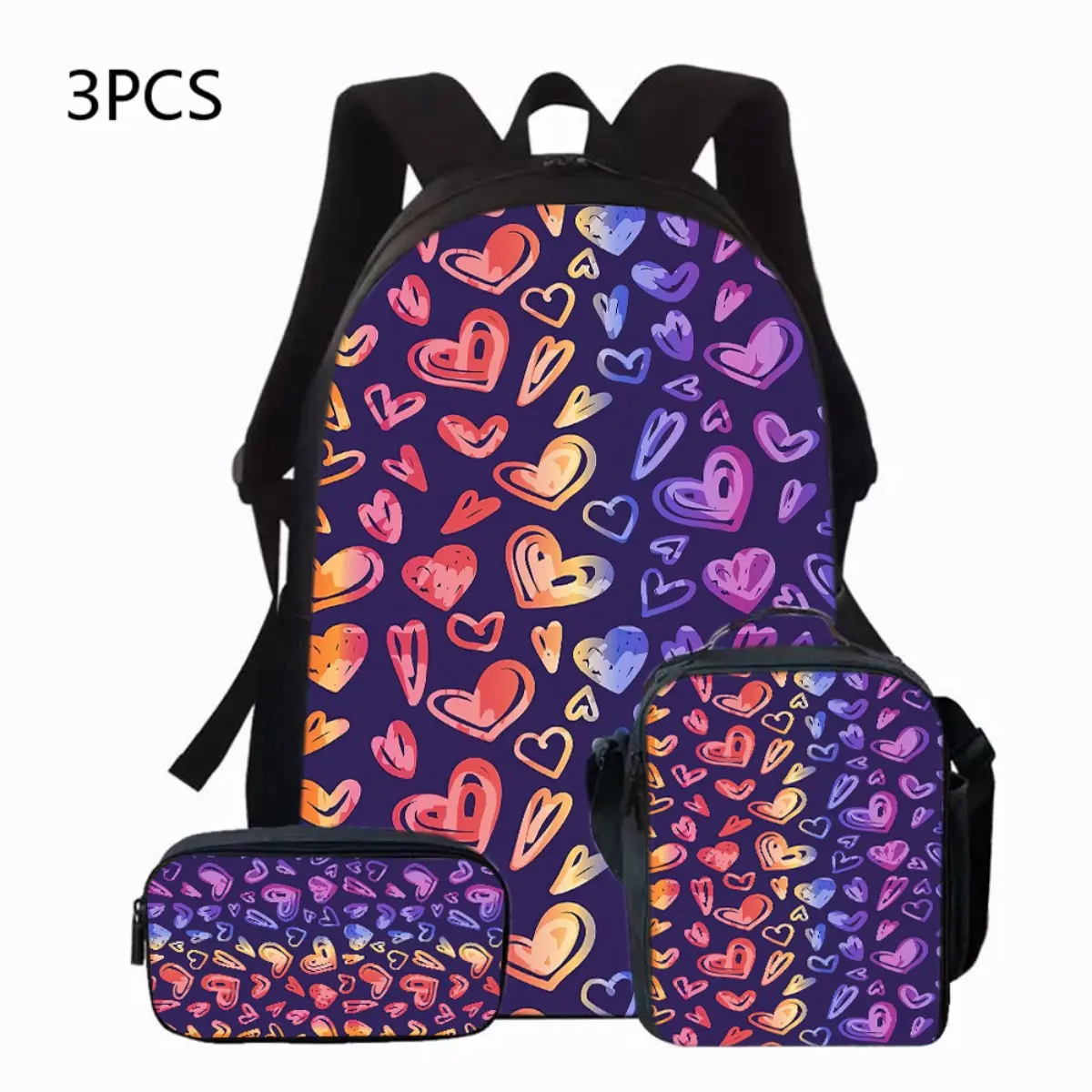 Love and Hearts Seamless Pattern Three-piece Backpack, Lightweight Outdoor Leisure Bag, Three-piece Set Includes Backpack, Crossbody Bag, and Pencil Case, Perfect Choice for Holiday Gifts(2D Flat Printing), 2D Flat