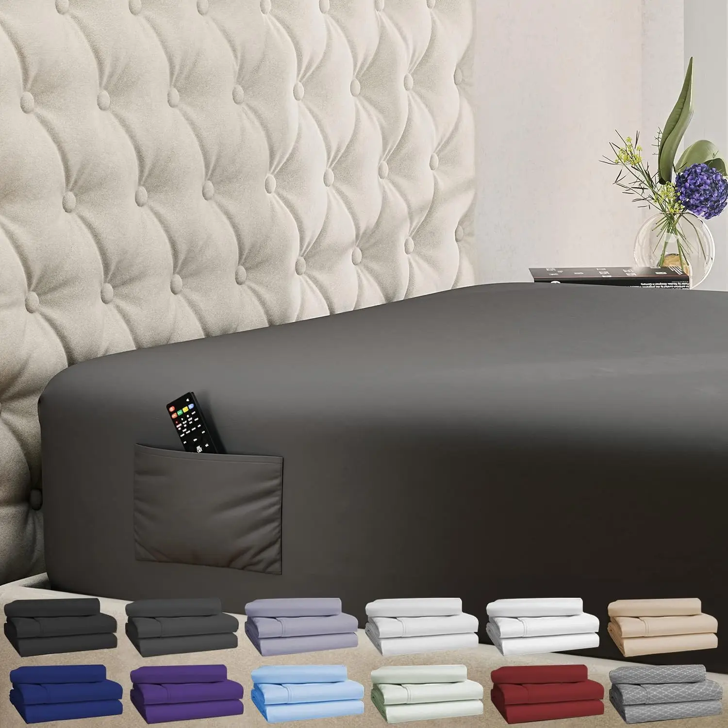 King Fitted Sheet Only - Deep Fitted Sheet - Fits up to 21 inch Mattress - Deep King Sheets - Hotel Luxury - Oeko-Tex Certified Sheets - (Grey) |   Breathable Fitted King Sheet with Side Pockets - up to 21" inch - Soft - Brushed Hotel Luxury Cooling Sheet