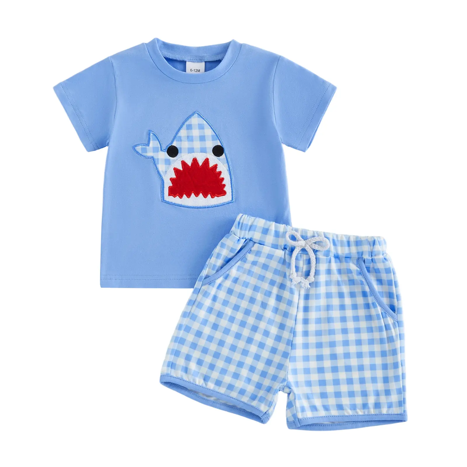 Toddler Baby Boy Summer Outfit Shark Embroidery Short Sleeve Crew Neck T Shirt Elastic Waist Pockets Plaid Shorts Set 2 Piece Set Summer Clothes, Toddler Style, Two Piece Set