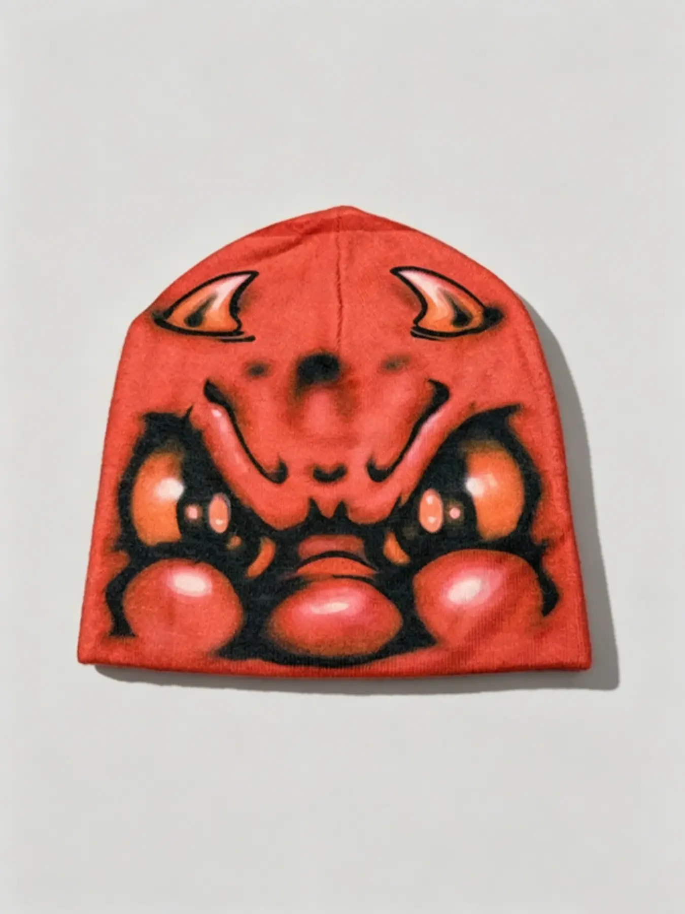 Hand-Drawn Graffiti Devil Face Knit Beanie, Edgy Design, Loose-Fitting Casual Hat, Colorblock Style, Streetwear Fashion, Millennial Trend