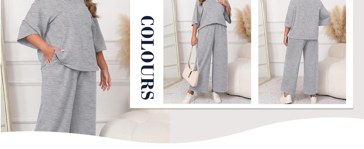 【1XL-5XL】Plus Size Curve Imily Bela Curve Womens Plus Size 2 Piece Outfits 3/4 Sleeve Tops and Wide Leg Pants Loungewear Pajamas Sets