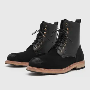 XORAM Men's Retro Classic Lace-Up Mid-Calf Boots, Fashionable Patchwork Workwear-Casual Shoe, Stylish Men's Footwear (Model 24917)
