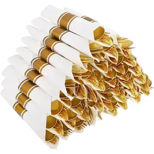 Pre Rolled Gold Plastic Silverware Sets - Heavy Duty Gold Cutlery, 50 Pack Wrapped Disposable Utensils with Napkins for Parties Dinners Weddings