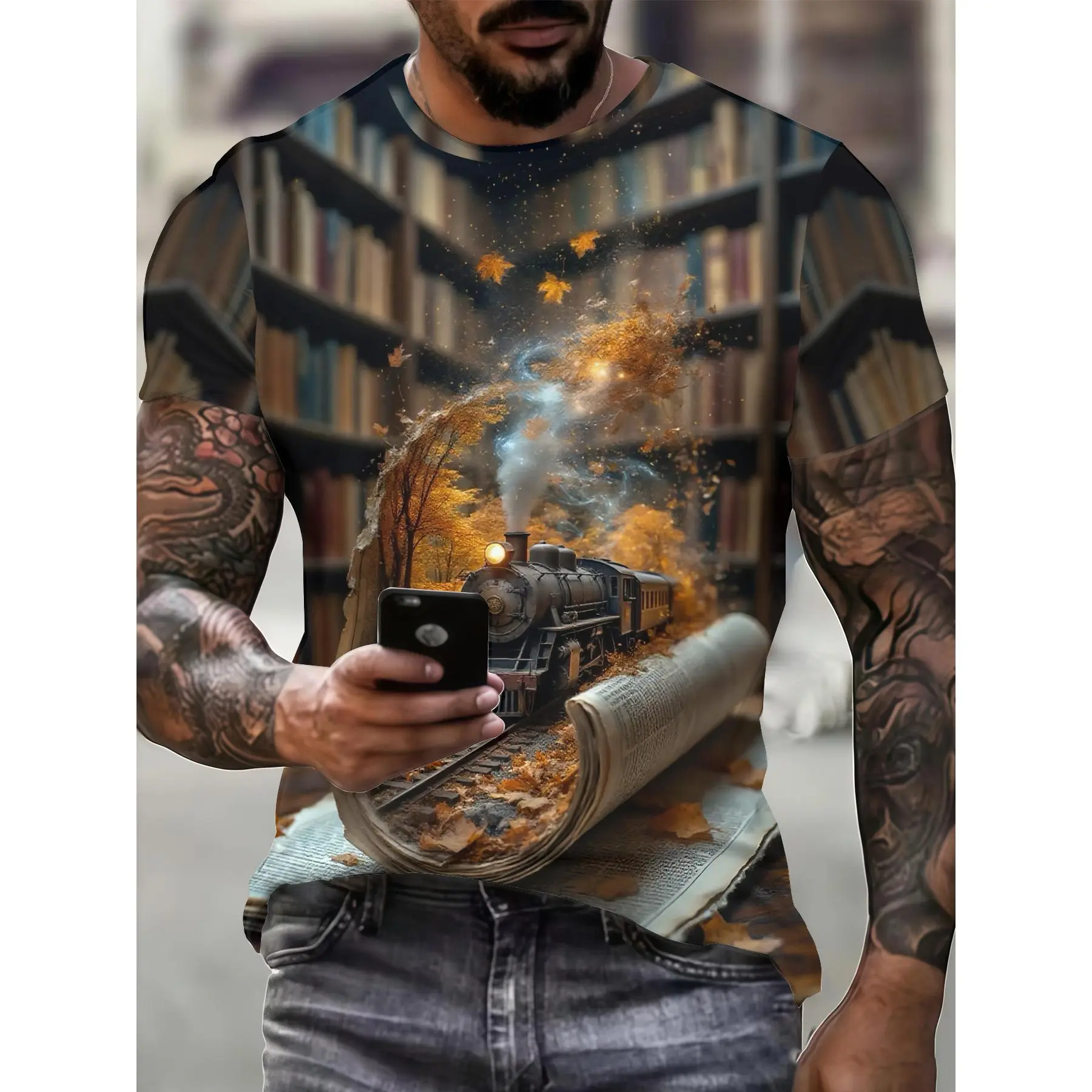 Men's Train-Themed T-Shirt - Full-Body Locomotive Print Short Sleeve Round Neck Casual Top| Suitable for Summer, Train Enthusiast Apparel, Machine Washable Digital Design for Casual Attire & Themed Events