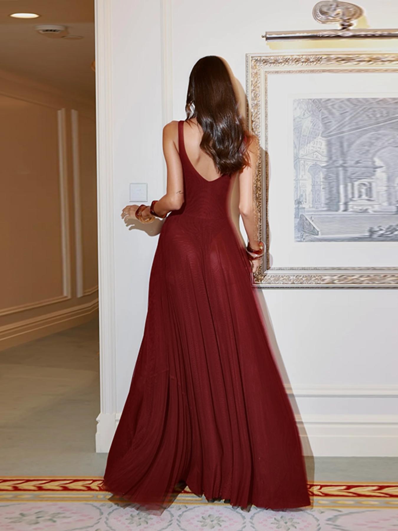 Women's Plain Deep V Neck Tulle Cami Dress, Elegant Sleeveless Maxi Dress for Party Holiday Wedding Guest, Ladies Summer Clothes, Brunch Dresses