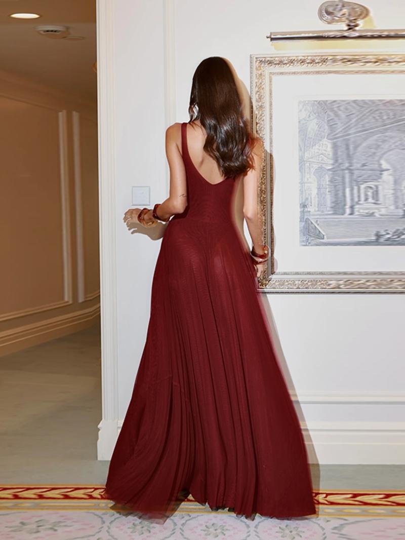 Women's Plain Deep V Neck Tulle Cami Dress, Elegant Sleeveless Maxi Dress for Party Holiday Wedding Guest, Ladies Summer Clothes, Brunch Dresses