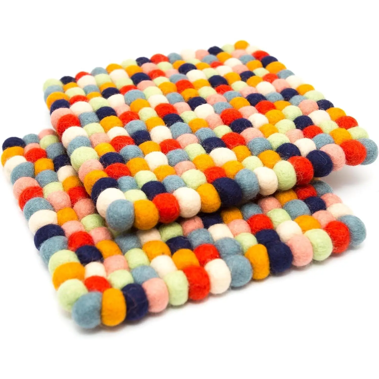 Felt Trivet - 2 Pc - 100% Wool, Handmade in Nepal, Multicolor 6" Square - Heat-Resistant and Durable Pot Mat for Protecting Table