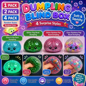 Dumpling Mystery Box Surprise Pack - 4 Random Styles Including Glow in The Dark, Clear Gold Glitter Bead, Color Gold Glitter Bead & Clear Color Bead Dumplings, Squishy Sensory Stress Relief Toy, Collectible Gift, Original Dumpling Squishy Pop
