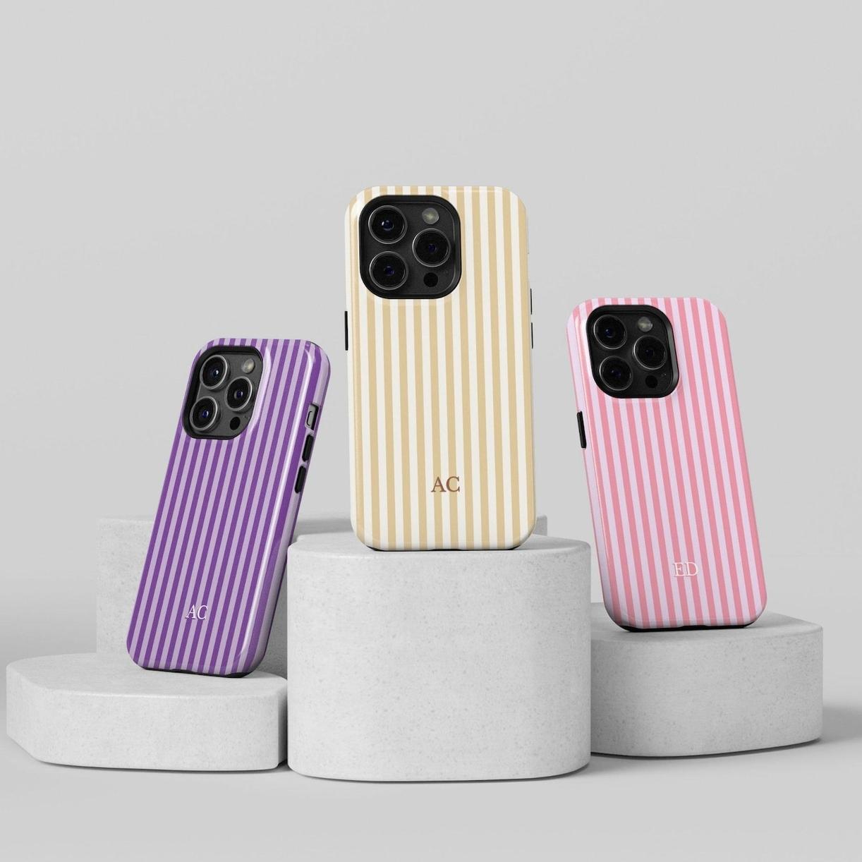 Personalized Monogram Phone Case Initial Phone Case Name Striped Summer Style Phone Case, Retro Christmas Movie Phone Case for iPhone 17 16 15 14 13 12 11 Pro Max X XS