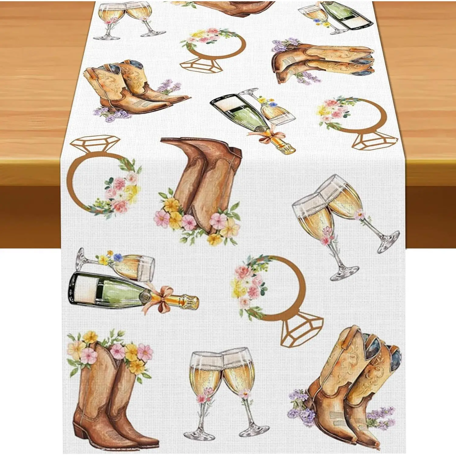 Champagne-Themed Rustic Linen-Like Poly Table Runner (13in x 72in) - Bright, Durable, Easy Cleaning Cowgirl Western Bridal Decor, Wash by Hand