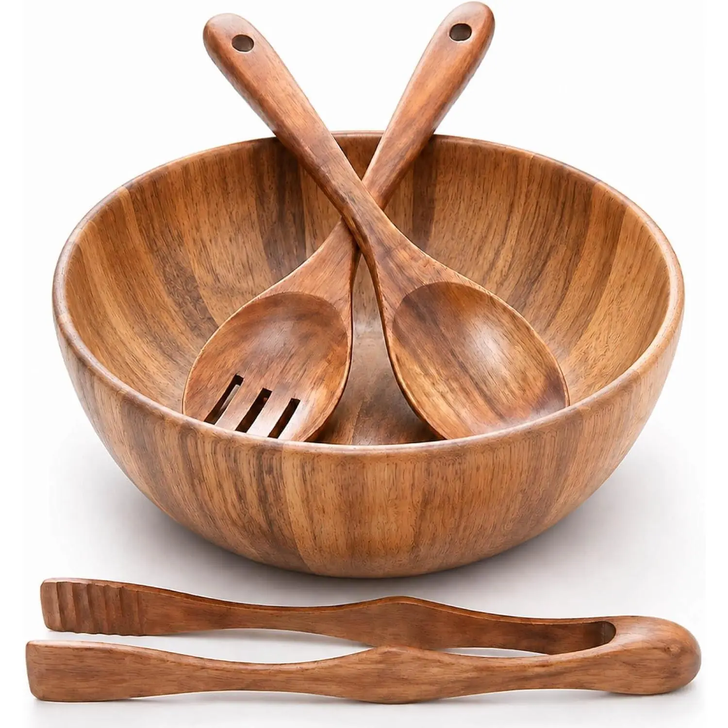 Acacia Wooden Salad Bowl Set 4 Pcs, Decorative Wood Bowls with Wooden Spoons, Forks & Tongs, Kitchen Mixing Bowls, Couple Bowls Ideal for Housewarming Wedding Gifts