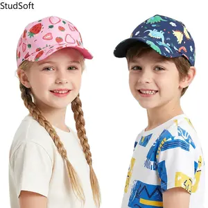 Kids' Adjustable Cartoon Dinosaur & Strawberry Printed Sun Protection Baseball Cap, Prop 65 Safe Peaked Visor Casual Wear for Outdoor Beach Sports (Sports & Outdoor Clothing)
