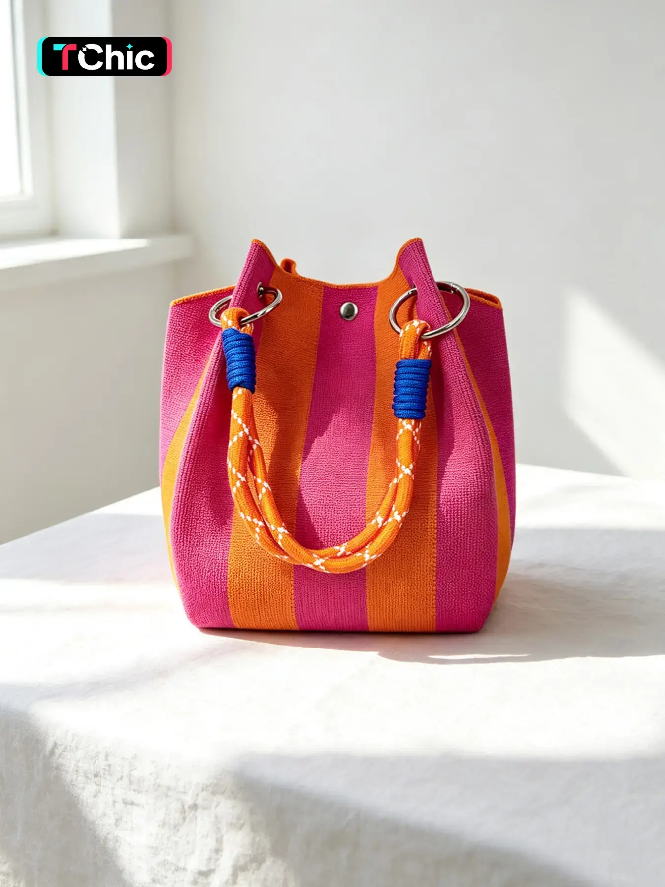 Women's Striped Knit Bucket Bag, Soft Woven Small Handbag with Detachable Handle, Portable Casual Bag for Beach, Travel & Everyday Summer Use