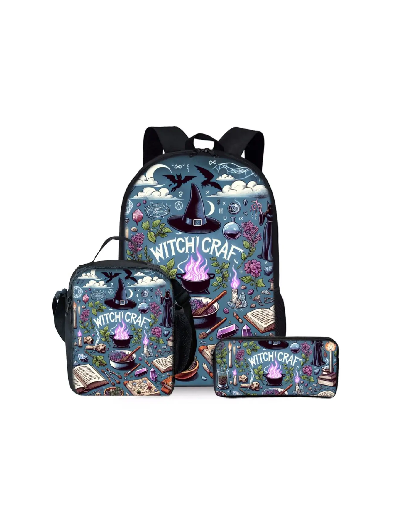 3-piece Backpack Set with 2D Printed Magic Potion Pattern,Large-Capacity Lightweight Bag Set,Suitable for Outdoor Trips and Daily School Use. The set includes a backpack, a lunch bag and a pencil case,making it an ideal holiday gift for kids and friends.