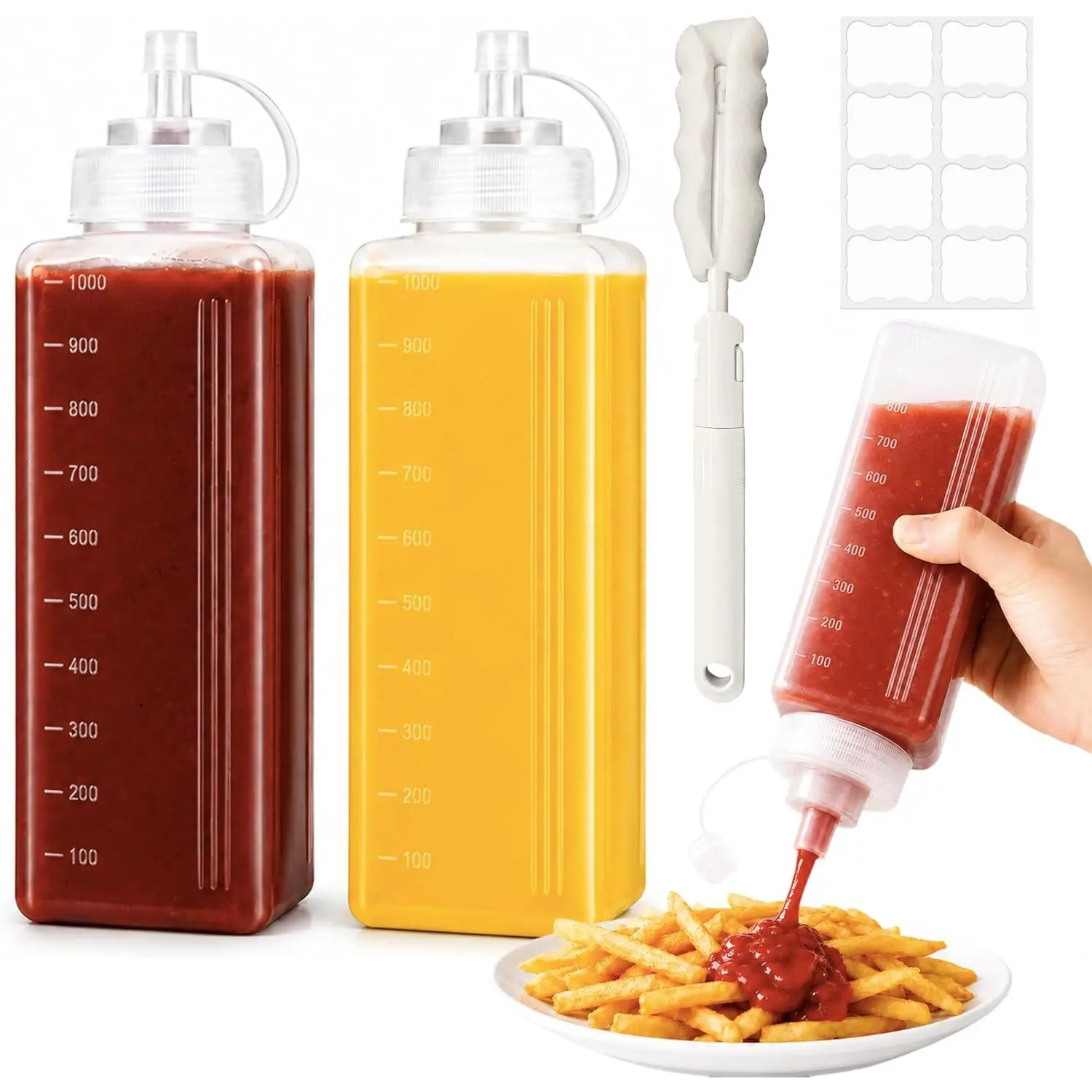 1 Quart Large Squeeze Bottle for Sauces, 34 oz Wide Mouth Condiment Squeeze Bottles, Plastic  Bottles with Labels, Cleaning Brush & Leak-Proof  for BBQ, Oil, Mayo, Salsa & Cold