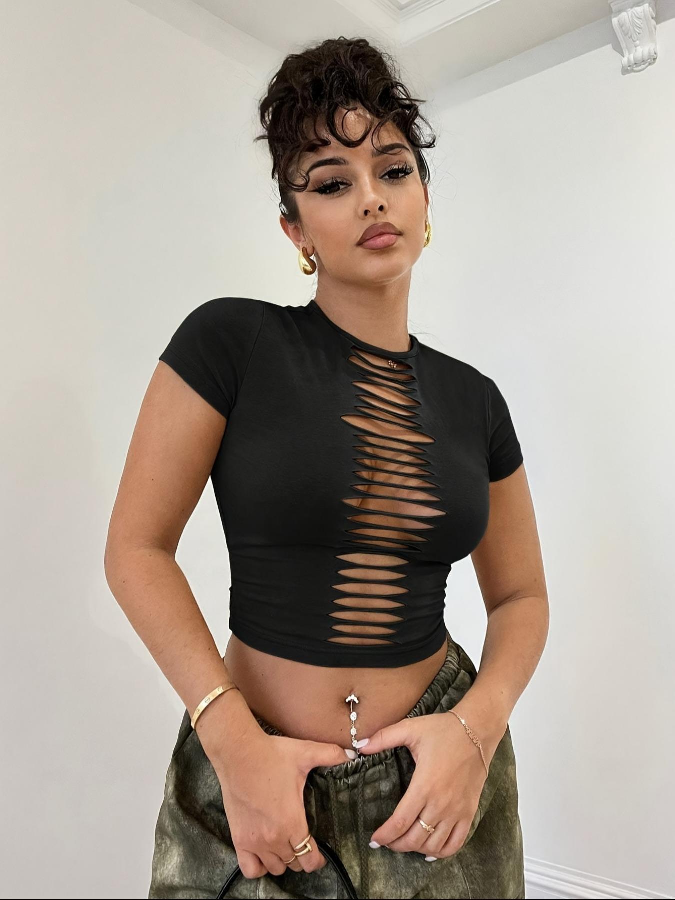 Women's Plain Hollow Out Round Neck Crop Tee, Casual Sexy Short Sleeve Crew Neck T-shirt for Summer, Fashion Women's Top for Daily Wear, Casual Fashionable Top, Womenswear