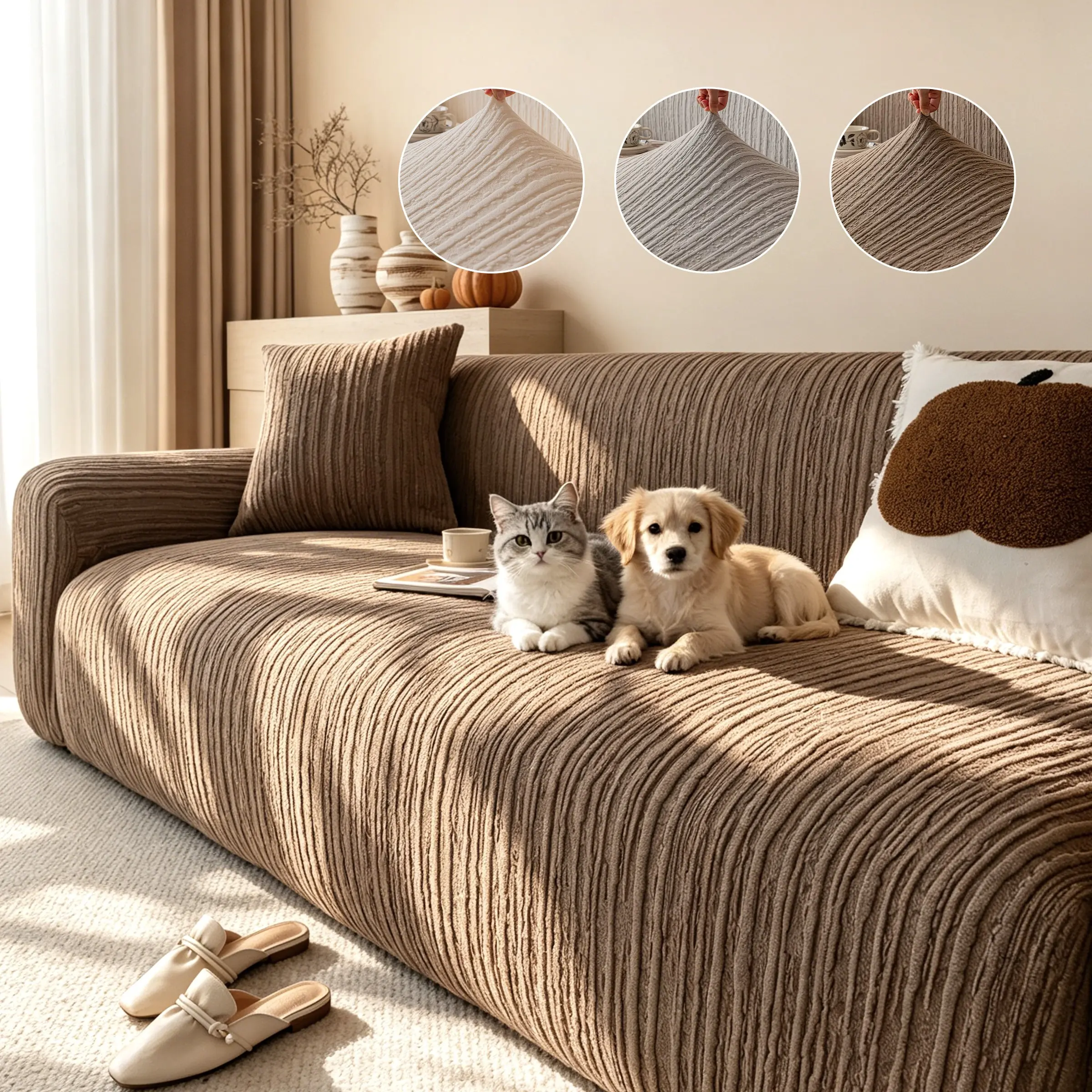1pc Simple Solid Color Jacquard Sofa Cover, Elastic Design, Dust-Proof, Pet-Resistant, All-Season Sofa Protector