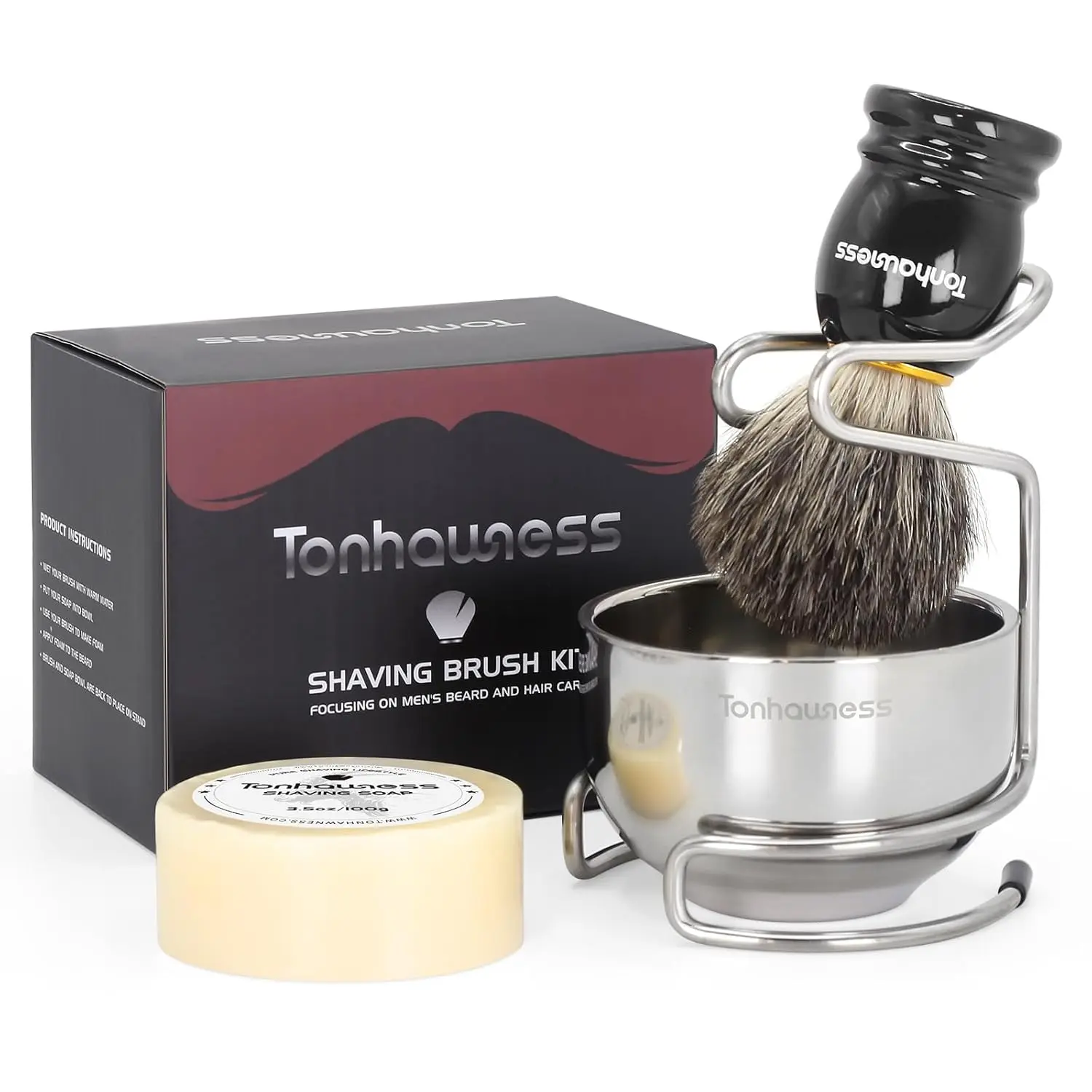 Shaving Brush Kit for Men, 4 in 1 Shaving Brushes Set Includes Badger Hair Shave Brush, Stainless Steel Shaving Bowl&Stand and Goat Milk Flavor Shaving Soap