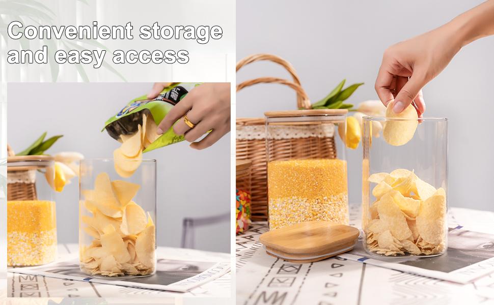 Glass Food Storage Jars 37 oz Set of 6,Glass Storage Containers Clear Glass Food Canister with Bamboo Lid Airtight For Serving Tea, Coffee, Flour, Sugar, Candy, Cookie, Spice and More (Square)