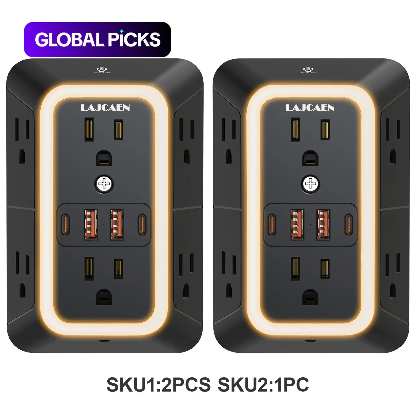 2 Pack Multifunctional Wall Outlet Extender with Night Light, 6 AC Surge Protector Outlets and 4 USB Ports (2 USB-C), 1050J Multi Plug Adapter, Widely Spaced for Home, Travel & Office (Black)