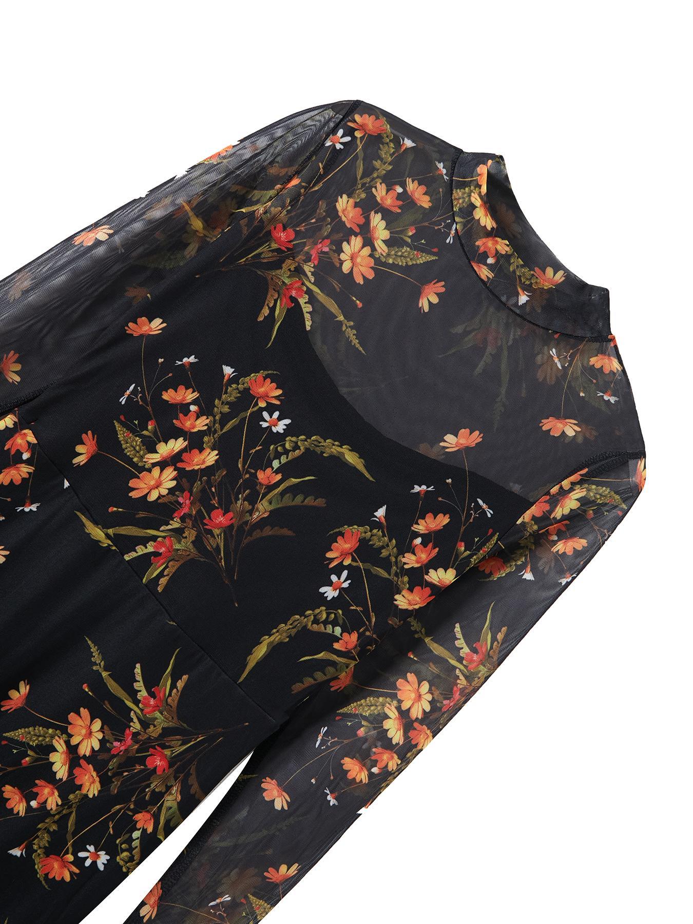Women's Floral-Print Fitted Dress, Elegant Feminine Vintage Gothic Aesthetic Flared Long Sleeve Dress for Party Holiday Wedding Guest, Ladies' Clothes for All Seasons, Elegance, Garden Formal Dresses for Wedding Guest