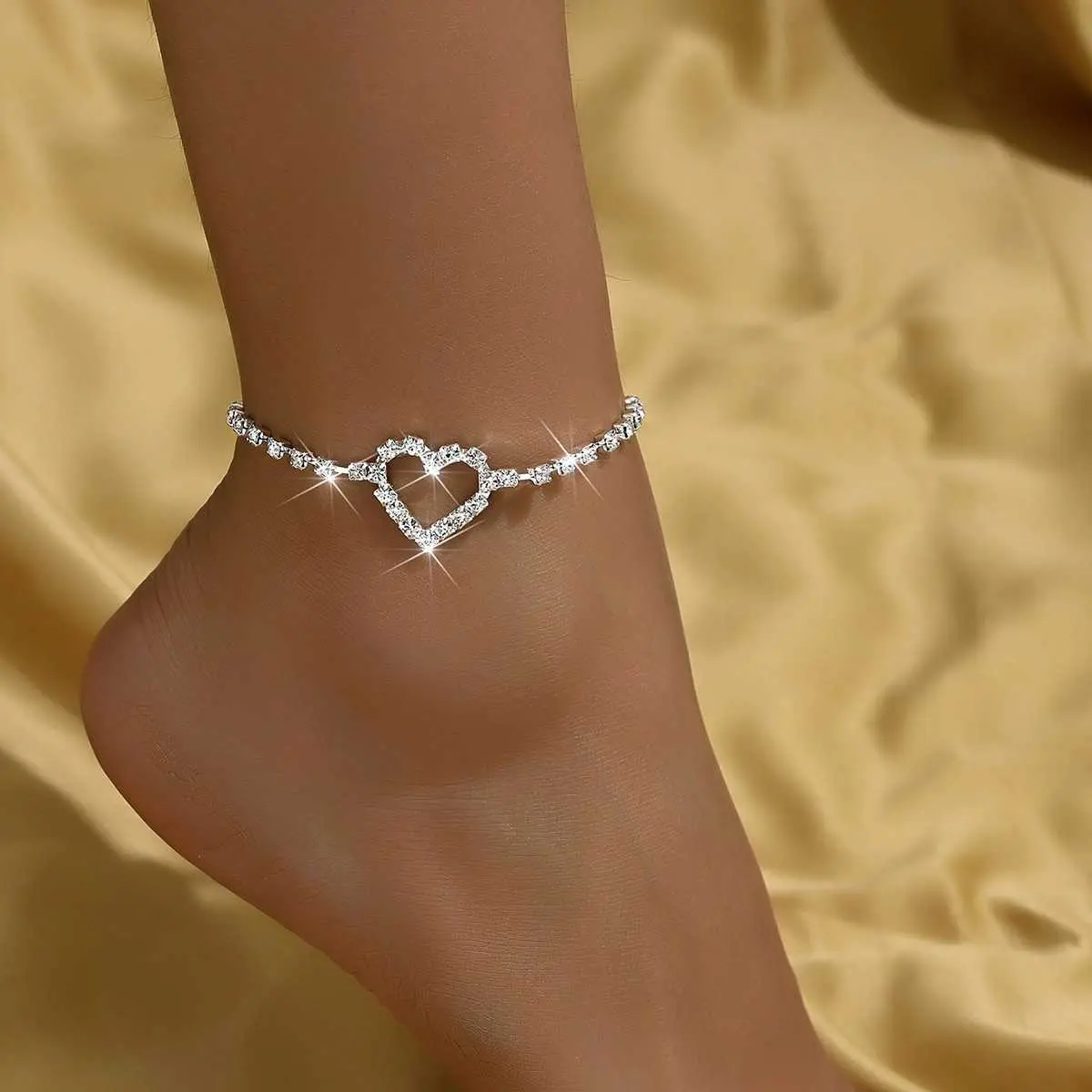 Hot Sale Beach Party Rhinestone Peach Heart Anklet Fashion Simple Style Shiny Diamond Barefoot Love Heart Versatile Foot Jewelr LZ260923R11