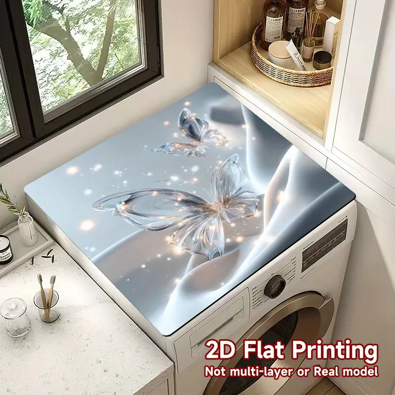Butterfly Motif Flat Print Crystal Washing Machine Cover Pad, Household Textile Dust Cover with Protective Layer, Ideal for Modern Washers in Laundry Rooms & Kitchens