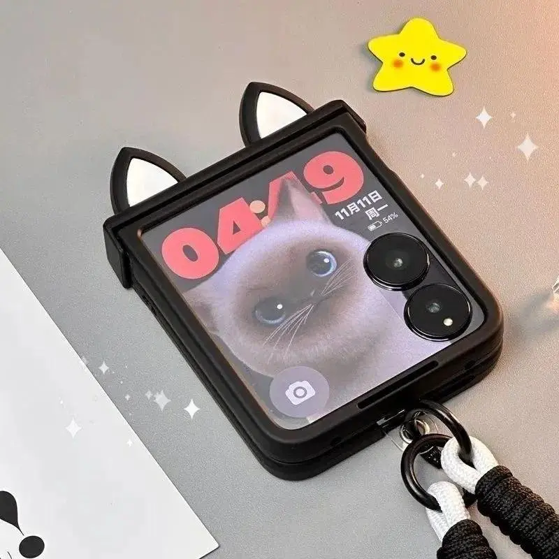 Korean Japan Cute Cat Ears Black Phone Case For Motorola Razr 60 50 Razr40Ultra For Samsung Galaxy Z Flip 7/6/5/4/3 with lanyard