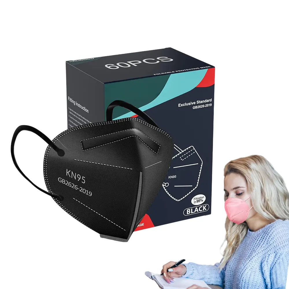 60 Pack Individually Wrapped Black KN95 Face Masks, 5-Layer High Filtration Disposable Safety Mask with 95% Filter Efficiency, Comfort Breathable Dustproof Mask