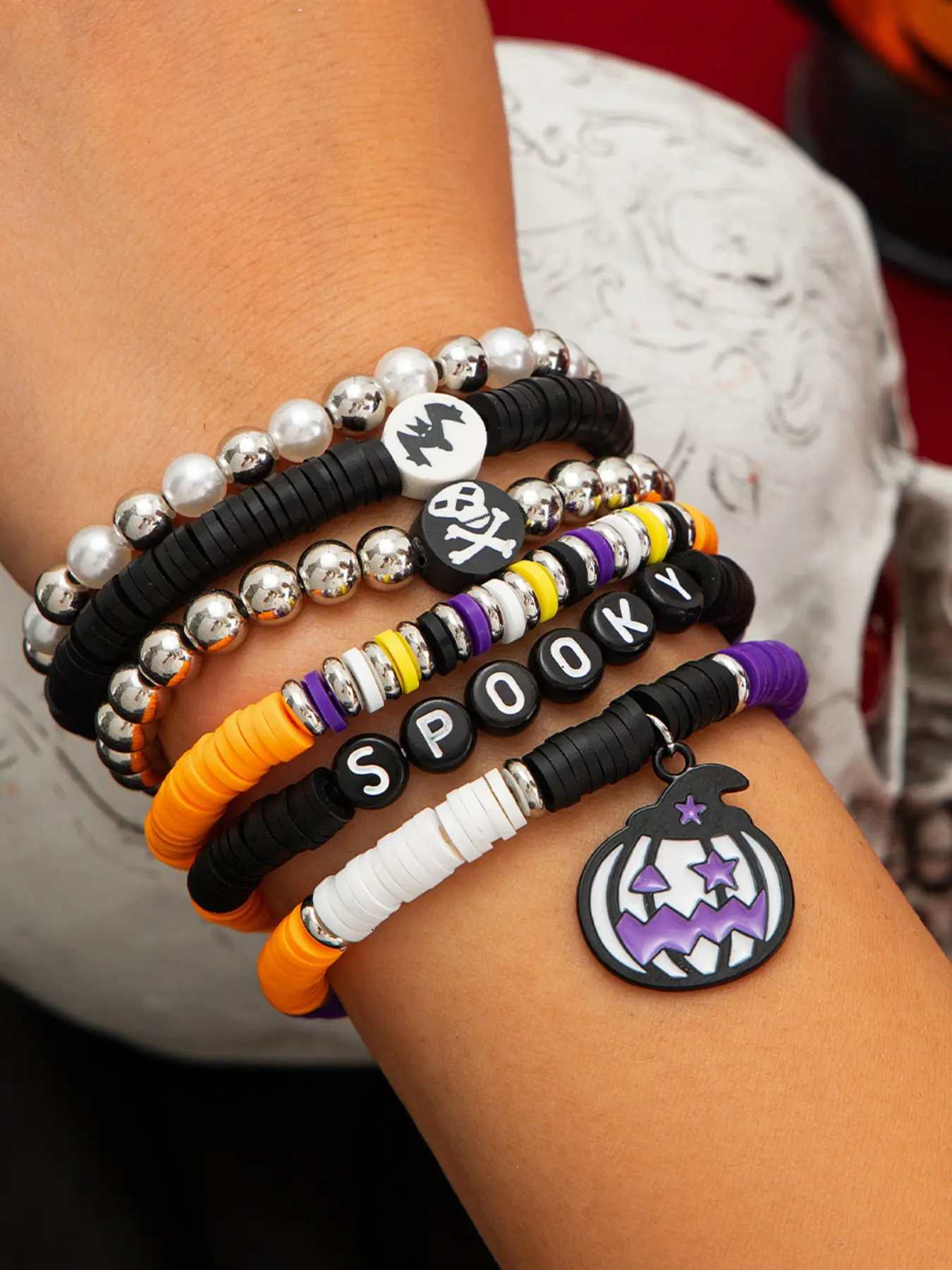 Halloween Stretch Bracelet Set, 6 Pcs, Metal Beads, Polymer Clay, Bat, Skull, Pumpkin, Spooky Letters, Multicolor, Party, Gift