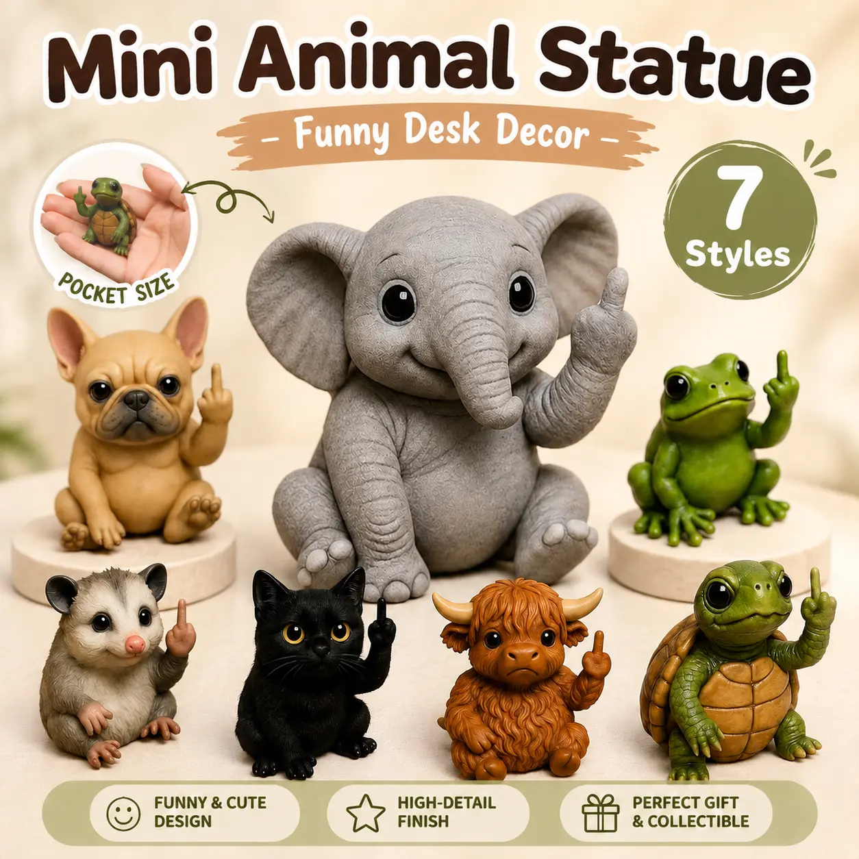 Hilarious Middle Finger Animal Figurines & Miniatures - Elephant Character Figurine Doll Ornaments, Cute Mini Desk Decor, Unique Gag Gift for Friends’ Party Holiday Presents, Home Office Tabletop Accessory