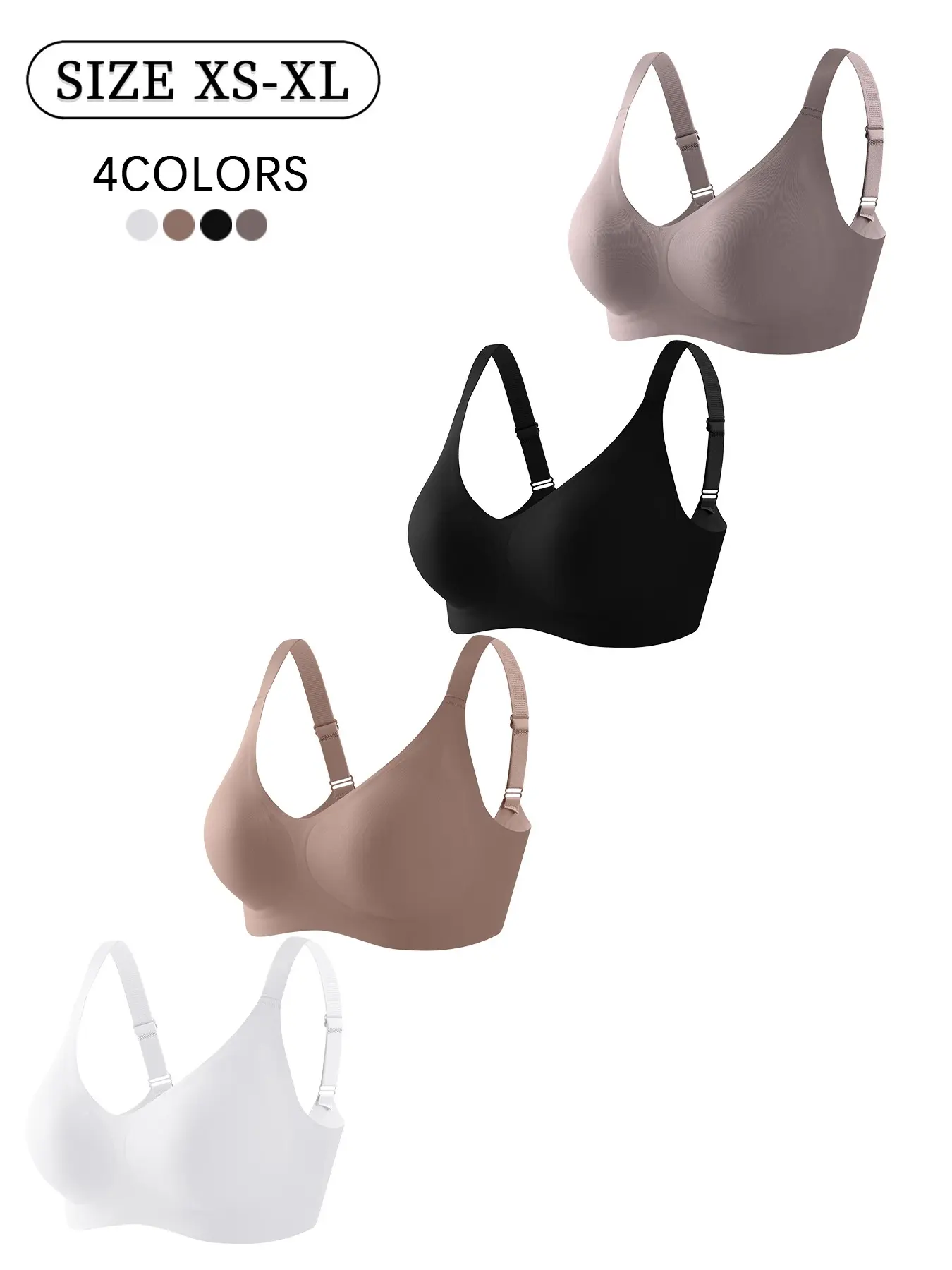 4 pack/12 colors High-quality seamless jelly bra for women, 4 rows 3 hooks, push-up and liftable adjustable sports tank top daily casual/party/yoga, comfortable breathable skin-friendly wireless bra for women