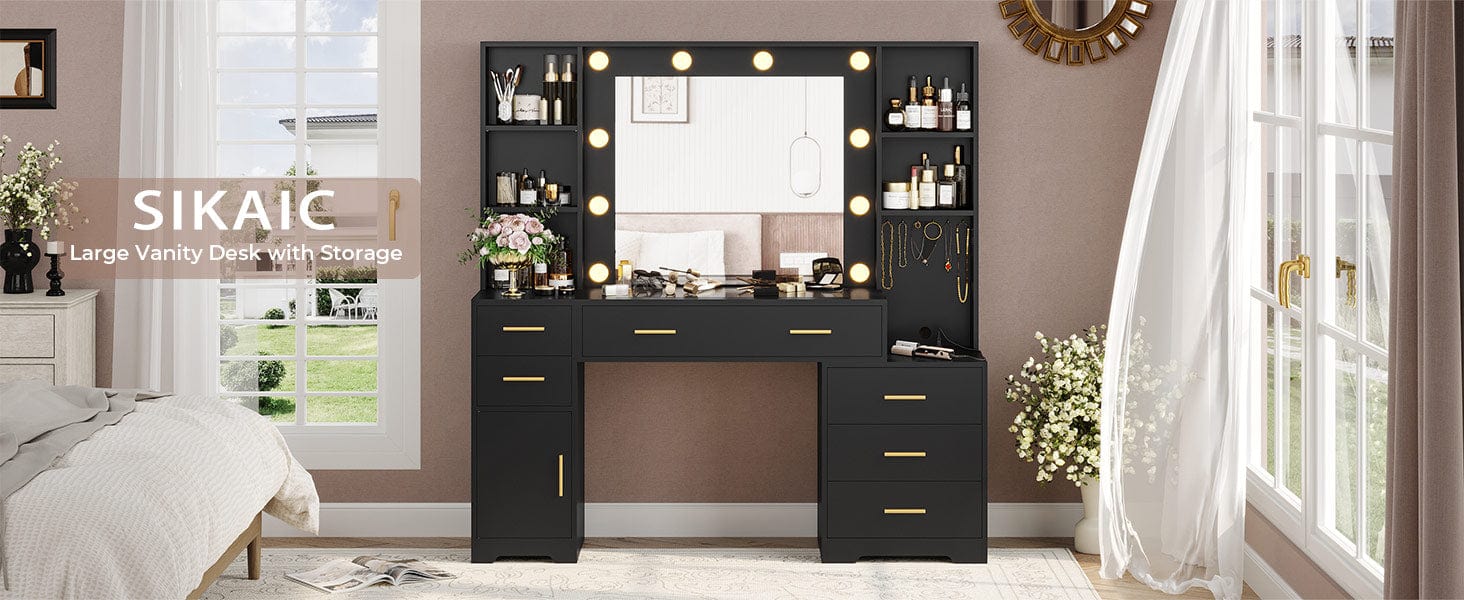 Sikaic 48.8" LED Lighted Makeup Vanity with Large Mirror & Charging Station Modern Black Dresser with 6 Drawers & Adjustable Shelves for Beauty Enthusiasts