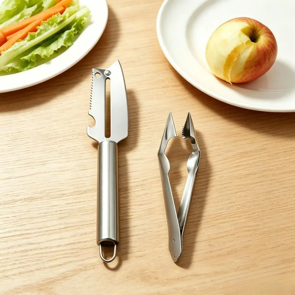 2pcs Fruit And Vegetable Pitting Tool Set And Grater - for Peeling And Cutting Fruits And Vegetables, Vegetable Peeler, Bottle Opener, Fish Scale Scraper, Peeler, Easily Removes Fruit Cores, Reduces Kitchen Tool Quantity, More Convenient Storage