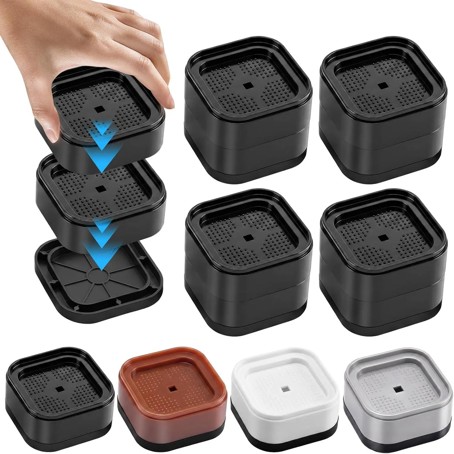 4-Pack Heavy-Duty Square Adjustable Fiber Plastic Furniture Risers, 1in Stackable Bed/Desk Lift Blocks, Black