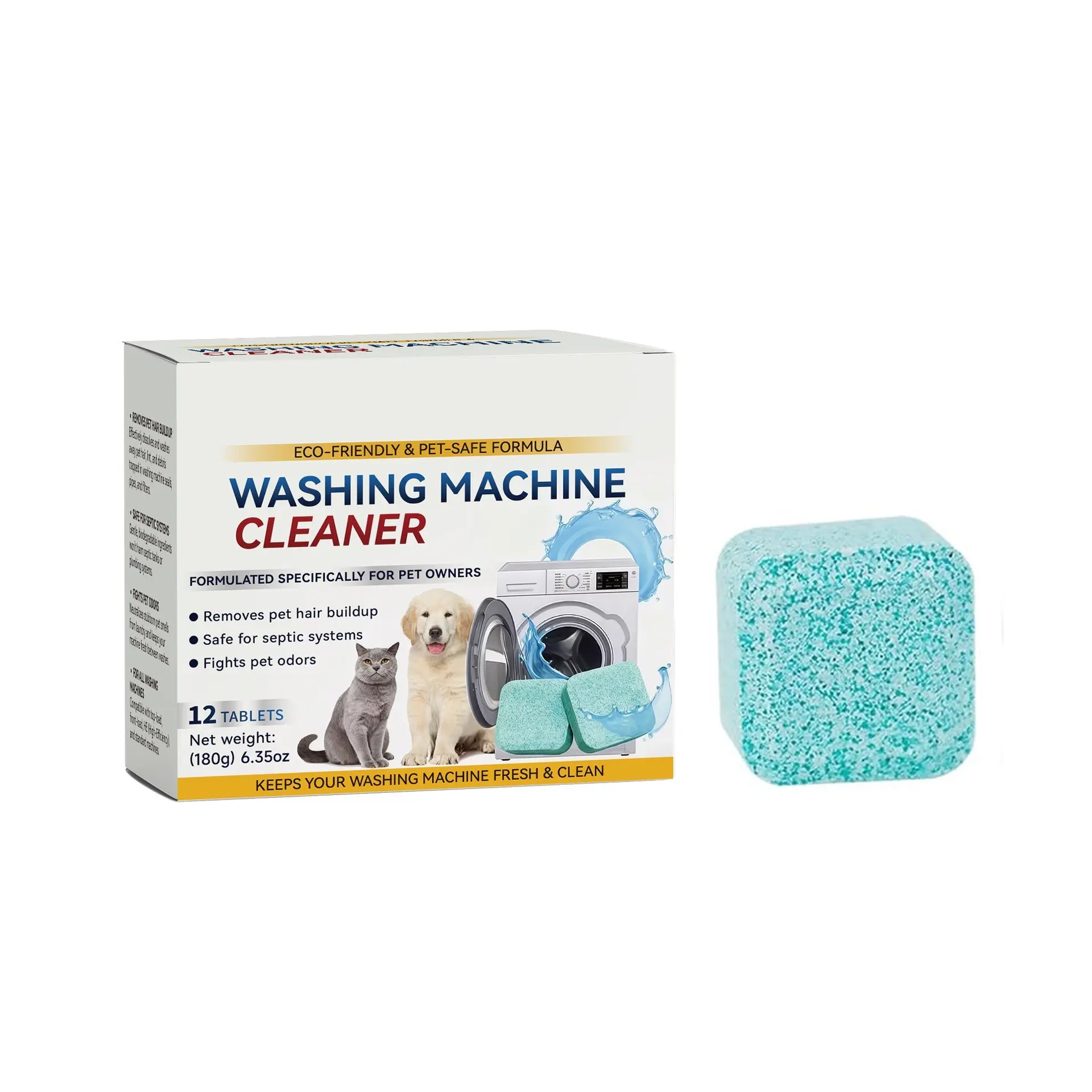 Washing Machine Cleaning Tablets, 12 Pieces Per Box, Pet Safe Eco-Friendly, Neutralizes Odors, Deep Cleans Stains, Keeps Washer Fresh