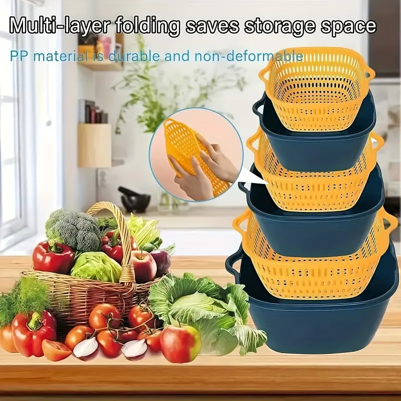6-in-1 Dual Layer Drain Storage Basket Set, Fast Draining Colander Bowl for Fruit Vegetable Washing Kitchen Organizer