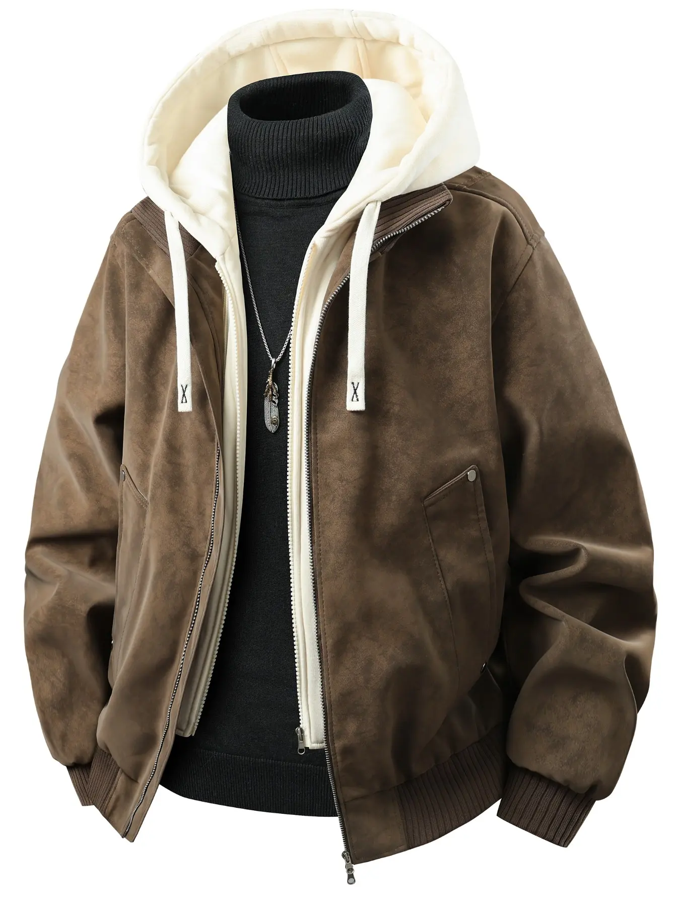 Men's Jacket with Detachable Hood, PU Material, Casual Long Sleeve Outerwear, Coats, Loose-Fit, Zip Closure, Ideal for Daily and Outdoor Wear