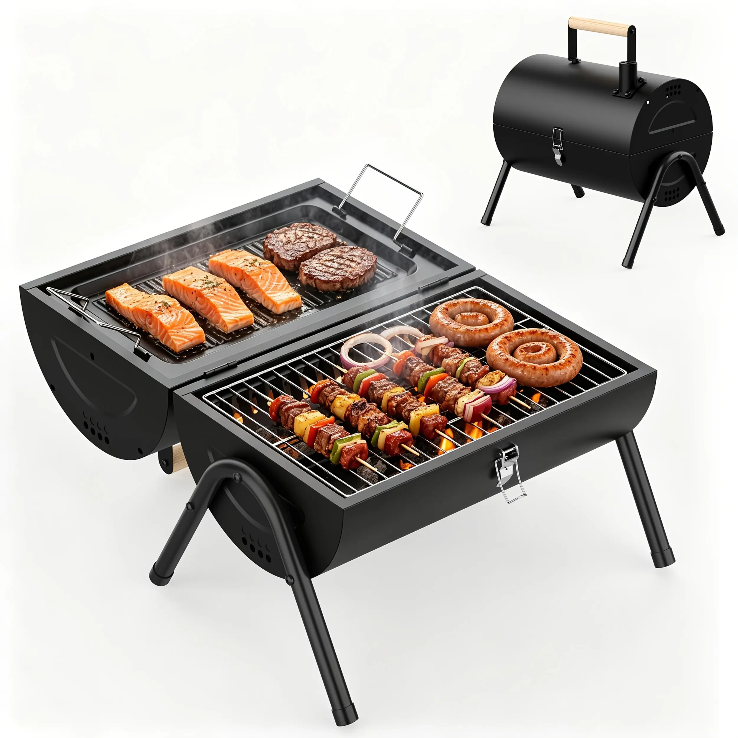 Portable Foldable Grill, Barrel Charcoal Grill, Handheld Double-Side Griddle, Ideal for Outdoor Cooking & Camping, Barbecue Grill |   Barrel-shaped Grill