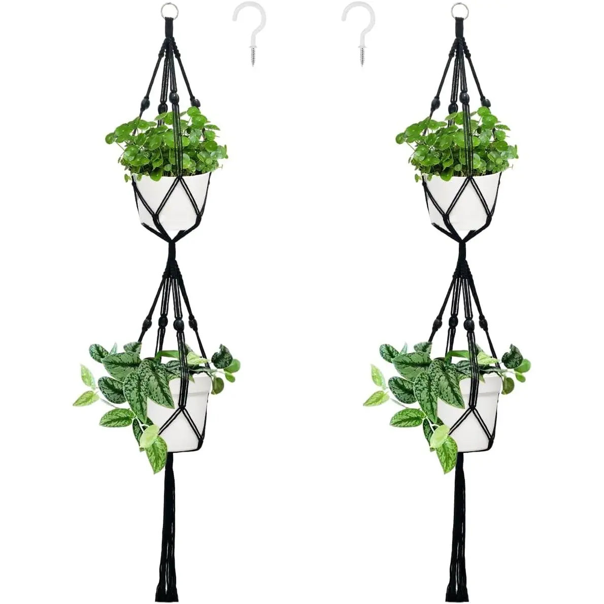 2 Tier Macrame  Hangers, 51 Inch, 2 Pack Black
