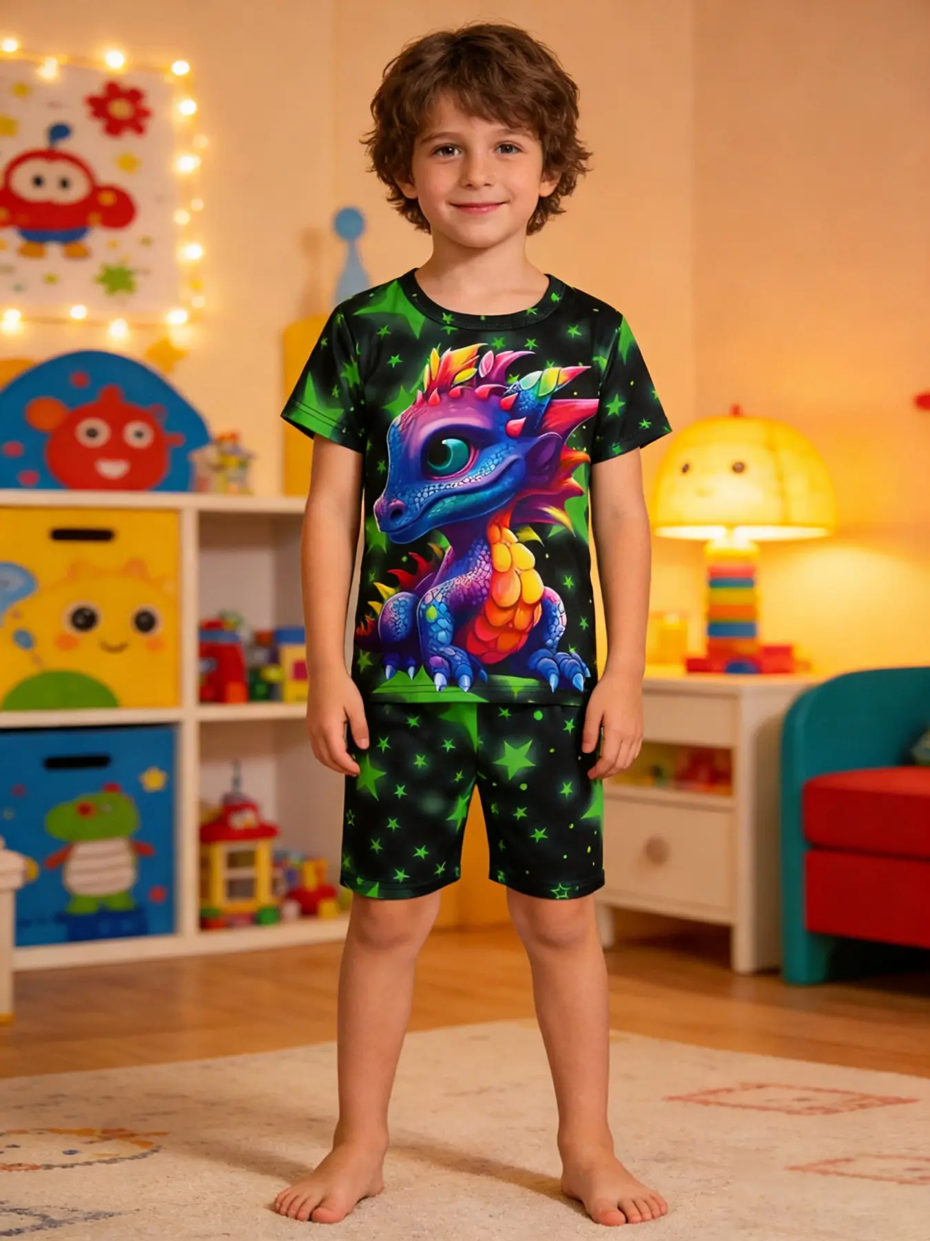 Boys' 2-Piece Cool Cartoon Dinosaur Round Neck Short Sleeve Shorts Cartoon Print Summer Pyjamas Set, Summer Pjs, Cartoon Pattern Pajamas, Comfortable Home Wear Sleepwear Pajamas for Kids