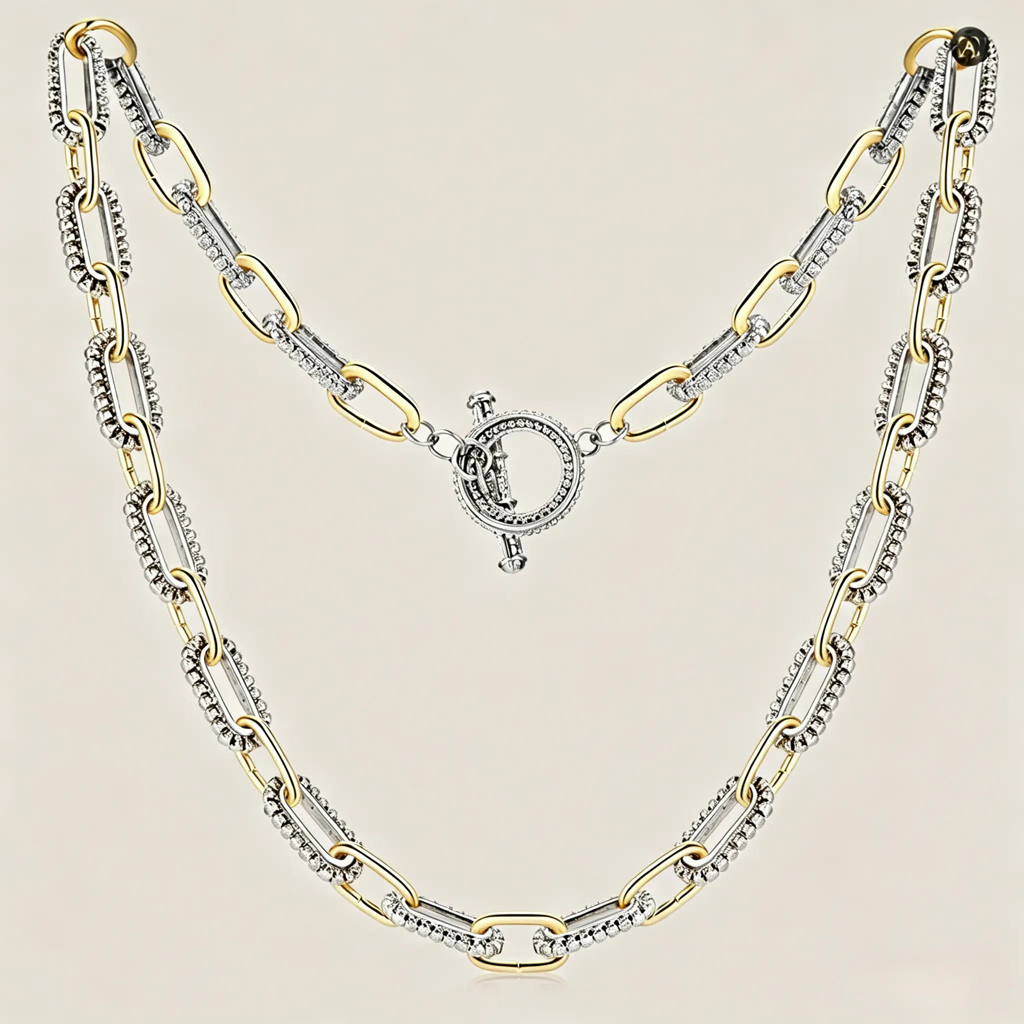 Unisex 2-Tone Gold-Silver Bamboo Link Toggle Necklace - Cubic Zirconia Chunky Paperclip Link Chain, Electroplated Zinc Alloy Casual Wear Jewelry, Long Length Everyday Use Statement Accessory, Birthday Gift name plate sohochic