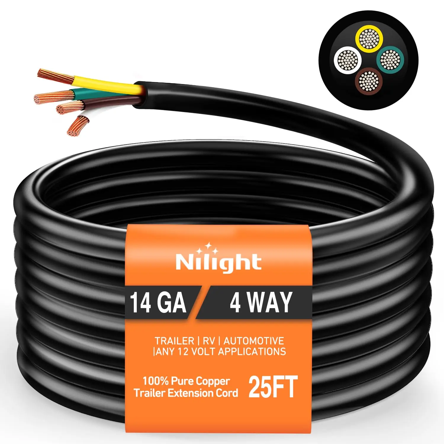 Nilight 25 Feet 4 Way Trailer Wire Extension Cable 14 Gauge 4 Conductor 100% Pure Copper Insulated Heavy Duty Weatherproof for 4 Pin Blade RV Automotive White