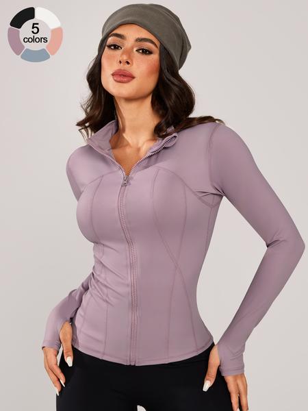 Women's Stand Collar Sport Jacket, Thumb Hole Design, Comfortable Breathable Training Long Sleeve Coat, Gym & Outdoor Cycling Fashion, High Elasticity Jacket