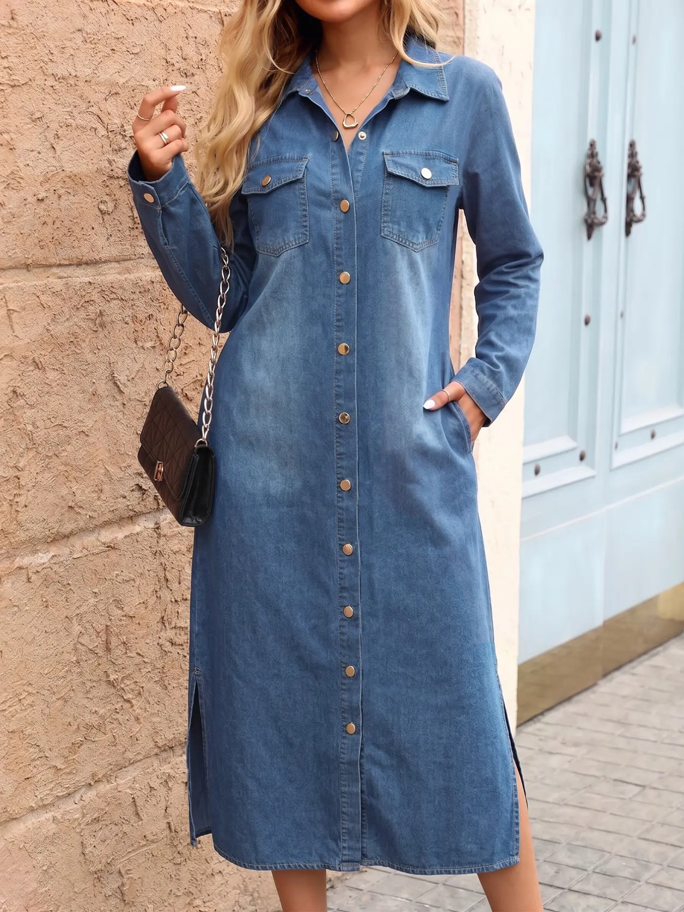 Women's Long Sleeve Denim Dress, Button, Loose-Fitting Casual Style, Solid Pattern, Spring & Fall Fashion, Side Pockets and Split Design