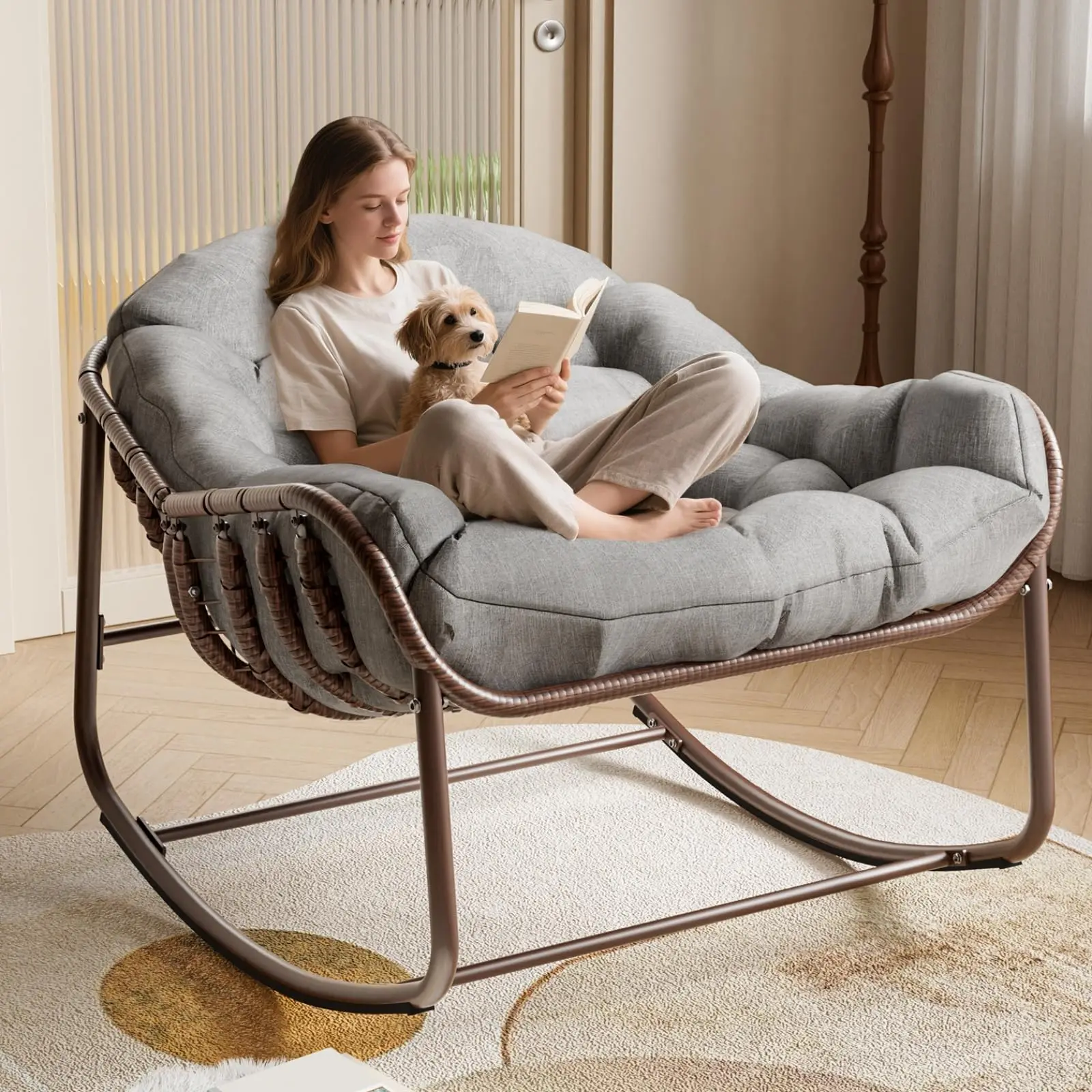 Oversized Wicker Egg Rocking Chair for Patio – Comfortable Outdoor Papasan Lounge – Water-Resistant Cushion – Sturdy Metal Frame – 450 lbs Capacity – Ideal for Porch Balcony Backyard or Bedroom White