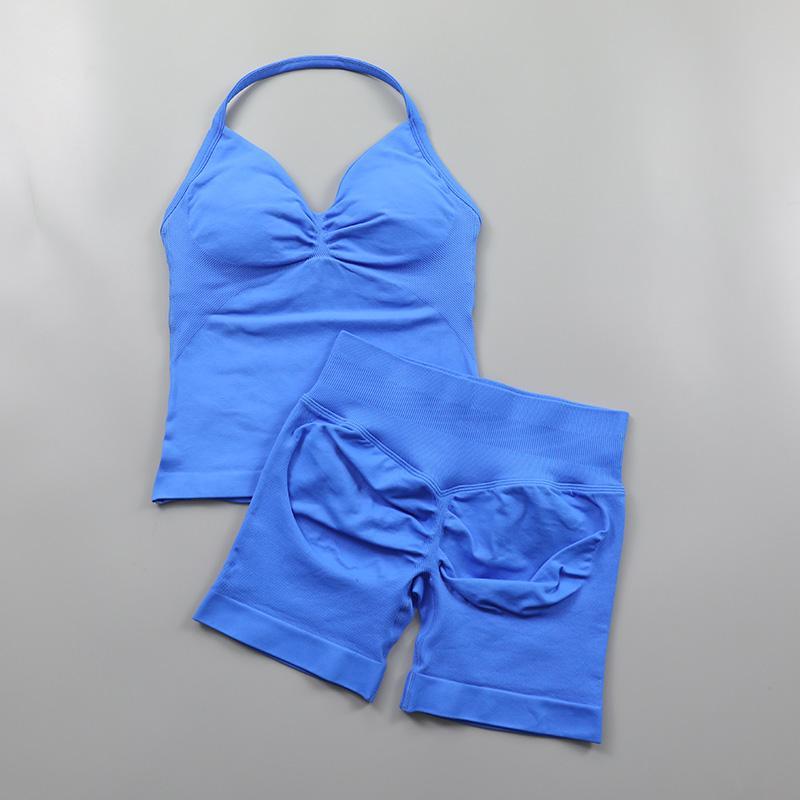 Dfyne  Seamless Yoga Set Women 2Pcs Padded Halter Tank Top Scrunch Butt Lifting Gym Shorts Set Summer Sportswear Workout Clothes Stretch Fabric Activewear Tight Fit Sporty Casual Athletic Jogging